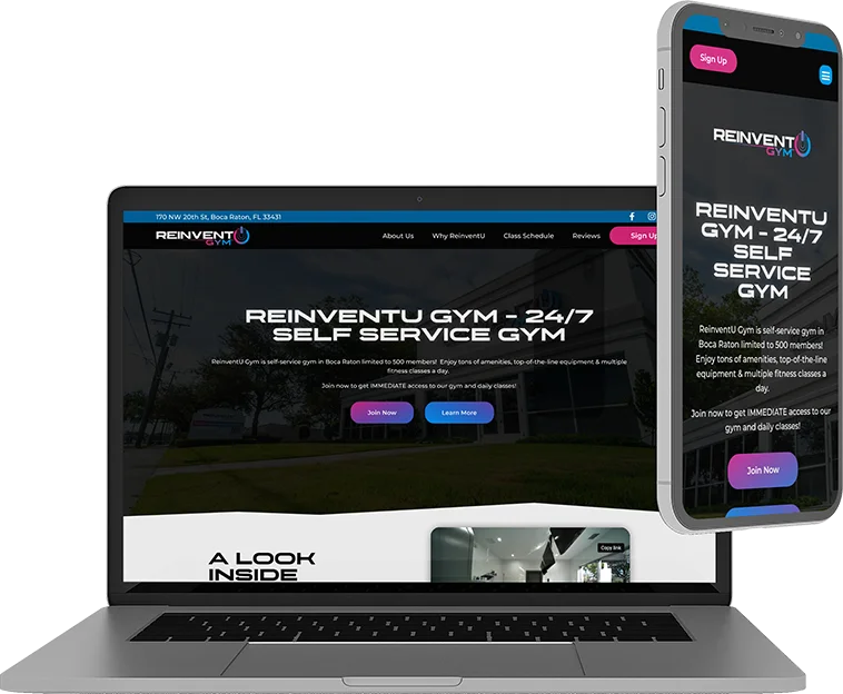 Reinventu Gym website mocked up on multiple device screens